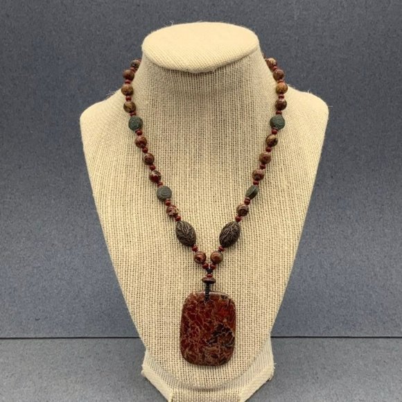 Jasper Stone Necklace Pendant  Branch Oval Red Brown Copper Gray - Picture 1 of 10